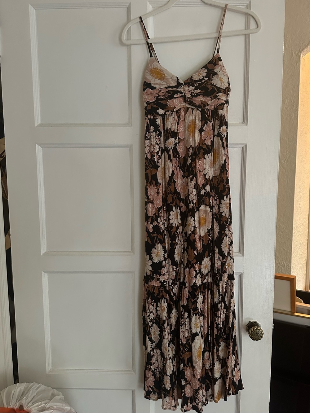 Floral Spaghetti-Strap Maxi Dress in Brown and Pink